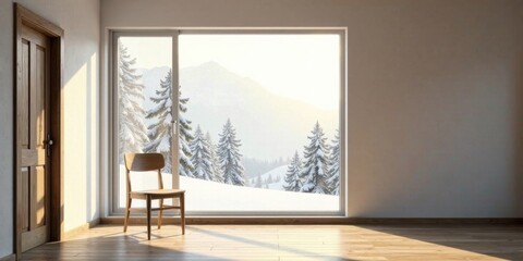 Fototapeta premium Serene Winter View from a Minimalist Room with Wooden Chair and Door