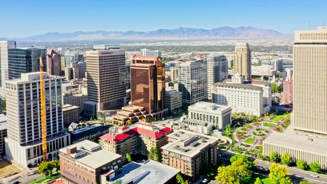 Aerial view of Salt Lake City, Utah skyline. SLC is the capital and most populous city of the U.S. state of Utah and the county seat of Salt Lake County