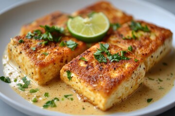 Pan Fried Tofu Cubes in Creamy Sauce with Herbs