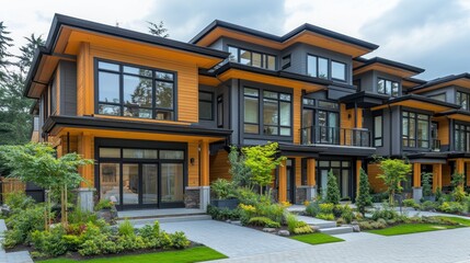 Obraz premium Modern Townhouses Surrounded by Lush Landscaping in a Peaceful Neighborhood