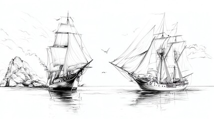 Two detailed sailing ships are depicted in a serene seascape, showcasing their sails and hulls against a calm water backdrop.