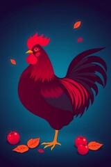Fototapeta premium Majestic rooster with autumn leaves and apples.