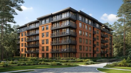 Obraz premium Modern Apartment Building Surrounded by Lush Greenery and Blue Sky