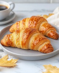 Freshly Baked Croissants on a Plate with Coffee and Leaves
