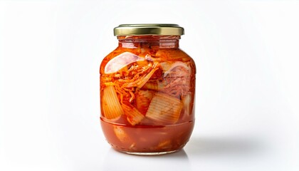 Jar of Kimchi, vibrant red, delicious fermented cabbage.