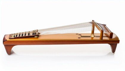A meticulously crafted wooden stringed instrument, showcasing its intricate details against a stark white backdrop.