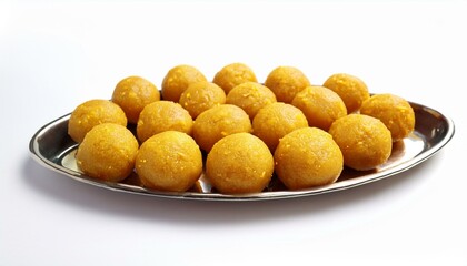 Golden sweet treats arranged on a silver platter.