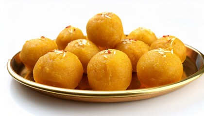 Golden, sweet Motichoor Laddoos on a plate.