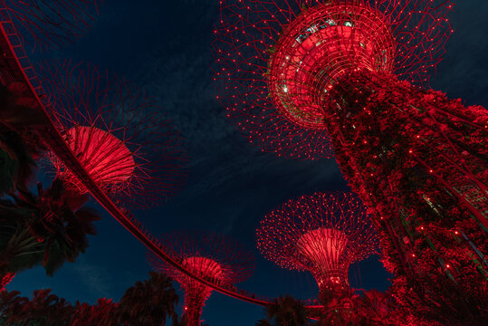 Futuristic Gardens with Glowing Red Structures at Night of Garden by the bay