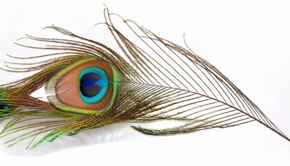 Fototapeta premium Vibrant peacock feather, intricate details, isolated on white background.