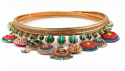 Ornate gold waist belt with colorful, embroidered pendants.