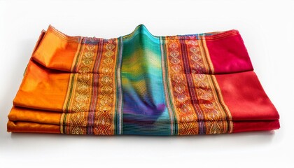 Vibrant multicolored silk textile folded on white background.