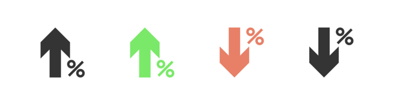 set of arrow icon with percentage symbol. increase, decrease arrow up down icons. profit and lose money sign. growth, decline, statistics icons, in upward and downward directions