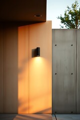 Modern outdoor wall light illuminates a wall at sunset.