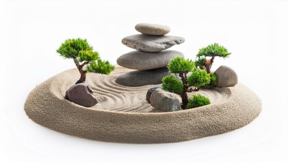 Tranquil Zen garden with miniature trees and carefully stacked stones.