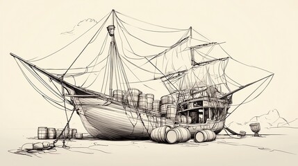 A detailed illustration of an old ship docked, featuring nets, barrels, and a rustic design, evoking a sense of adventure and maritime history.