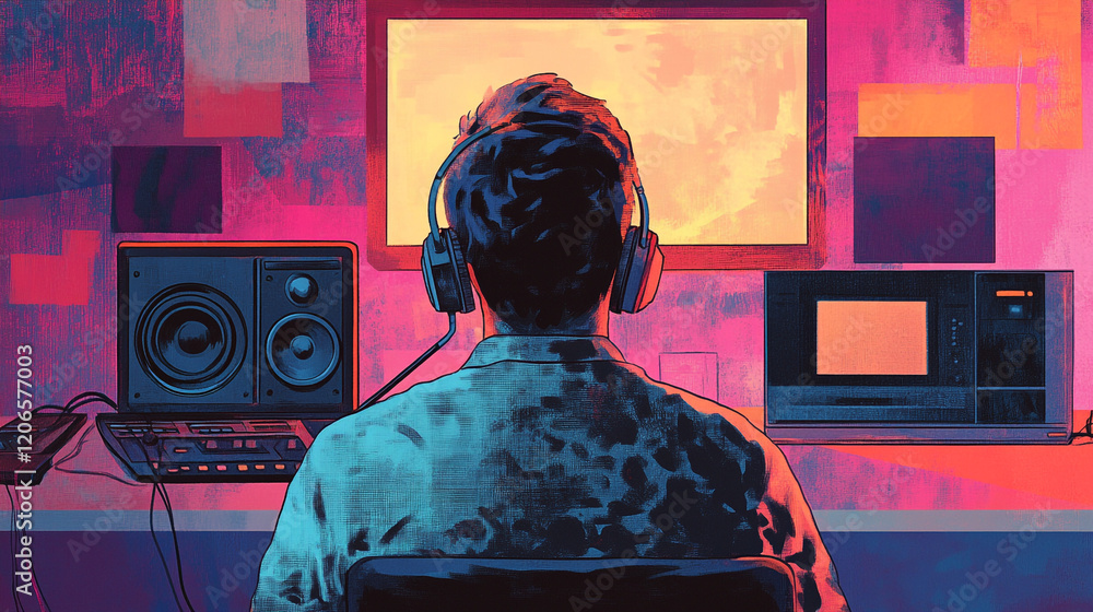 Poster engaging in digital creation at a modern workspace in the evening