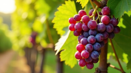Fototapeta premium A lush bunch of ripe red and purple grapes hangs from a vine, bathed in warm sunlight, showcasing the vibrant colors and natural beauty of the harvest.