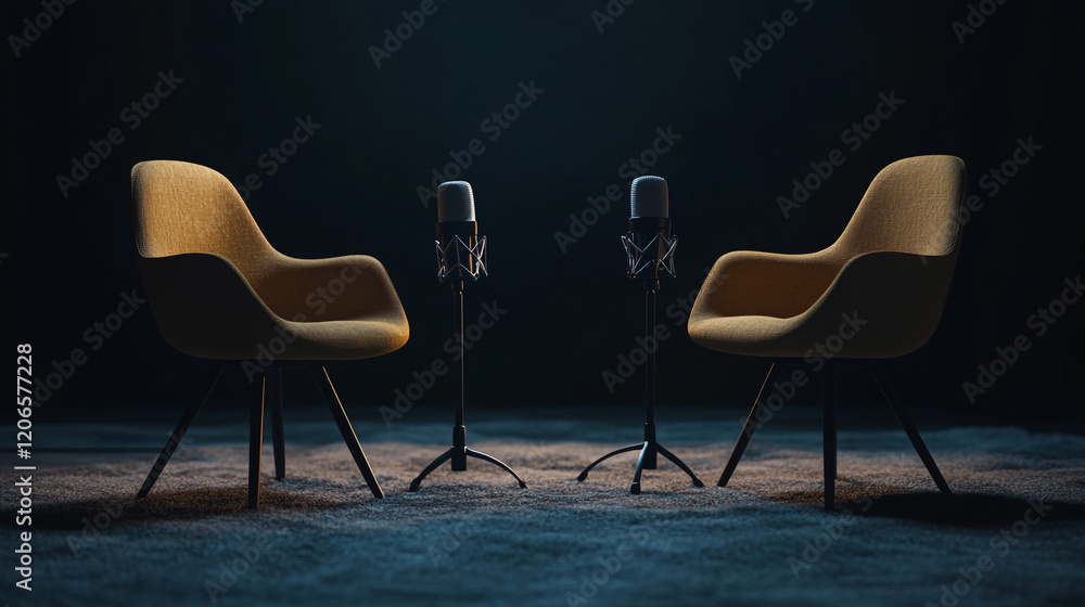 Poster two modern chairs with microphones set for an interview in a dimly lit studio