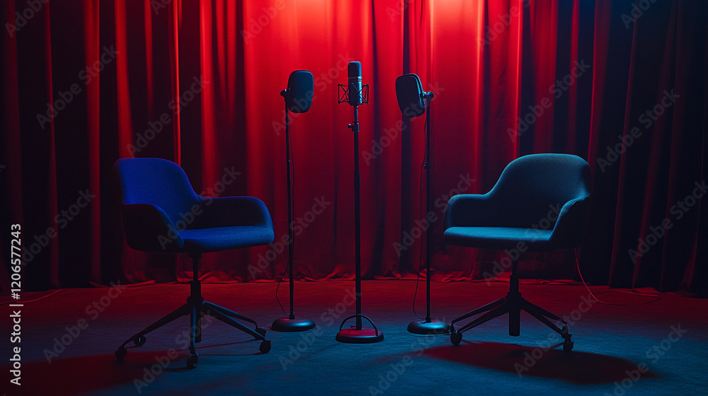 Poster studio setup with microphones and chairs for an engaging conversation in a dimly lit space