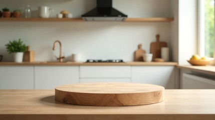 Fototapeta premium A rustic wooden circle rests on a kitchen counter, showcasing a minimalist kitchen design with blurred background elements of shelves, cabinets, and appliances