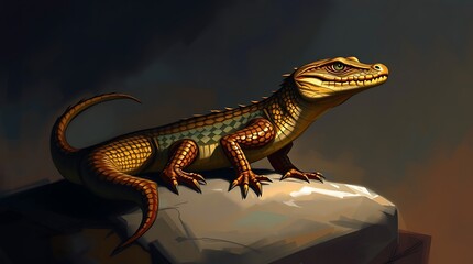 Fototapeta premium Golden reptile perched on rock, dramatic lighting.