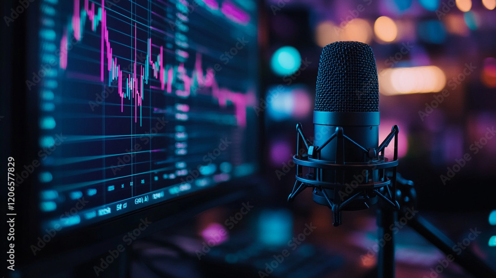 Poster modern microphone setup for financial analysis in a high-tech environment