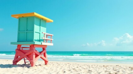 Pastel-colored beach lifeguard stand on a tranquil sandy shore under a vibrant summer sky