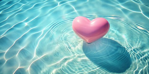Fototapeta premium Pink heart floating gently in serene turquoise water, reflecting sunlight and creating ripples