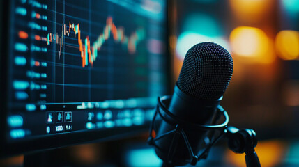 Market analysis session with microphone and trading charts in the background