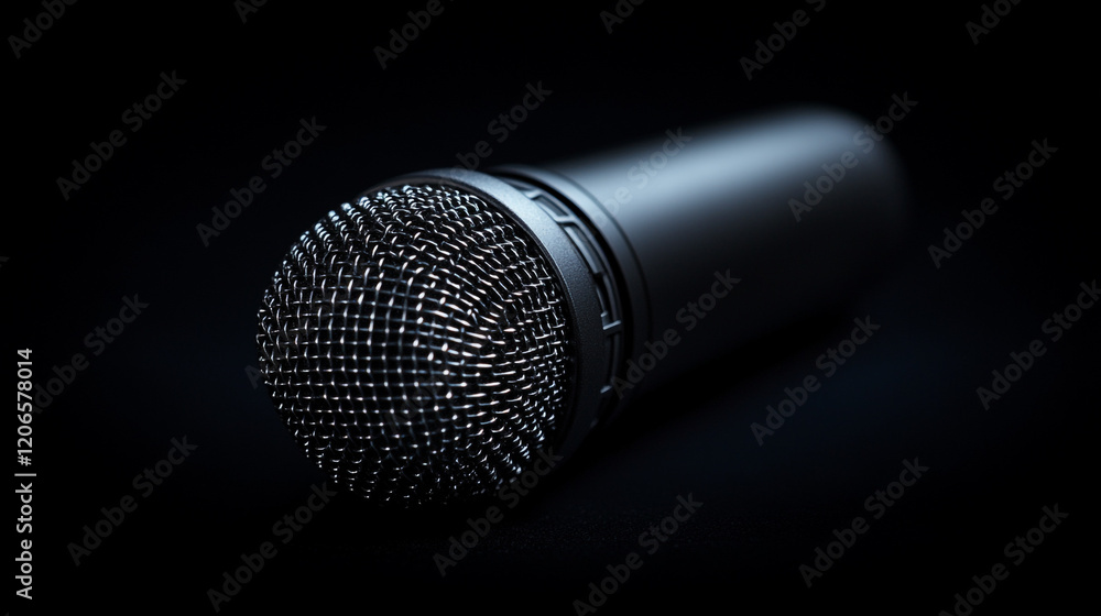 Poster close-up of a black microphone on a dark surface with soft shadows