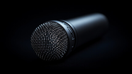 Close-up of a black microphone on a dark surface with soft shadows