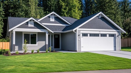 Modern Gray House with White Garage Doors