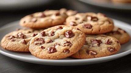 Freshly Baked Chocolate Chip Cookies on a Plate in a Cozy Kitchen Setting