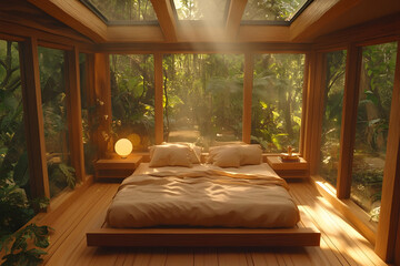 Fototapeta premium Serene bedroom nestled in lush jungle, sunlight streaming through skylights and large windows. Wooden platform bed, tranquil ambiance.
