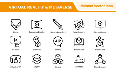 Virtual Reality and Metaverse Icon Set. A cutting-edge collection of icons designed to enhance immersive experiences, perfect for VR apps, gaming platforms, and digital worlds.