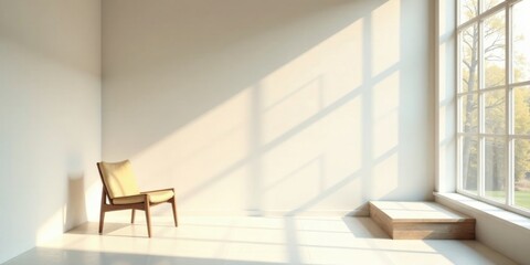 Fototapeta premium Serene Minimalist Room Interior Design with a Single Chair and Natural Sunlight Streaming Through a Large Window