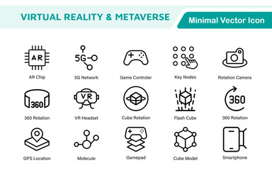 Virtual Reality and Metaverse Icon Set. A cutting-edge collection of icons designed to enhance immersive experiences, perfect for VR apps, gaming platforms, and digital worlds.