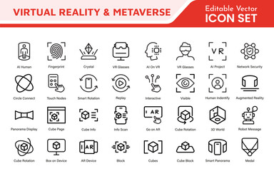 Virtual Reality and Metaverse Icon Set. A cutting-edge collection of icons designed to enhance immersive experiences, perfect for VR apps, gaming platforms, and digital worlds.