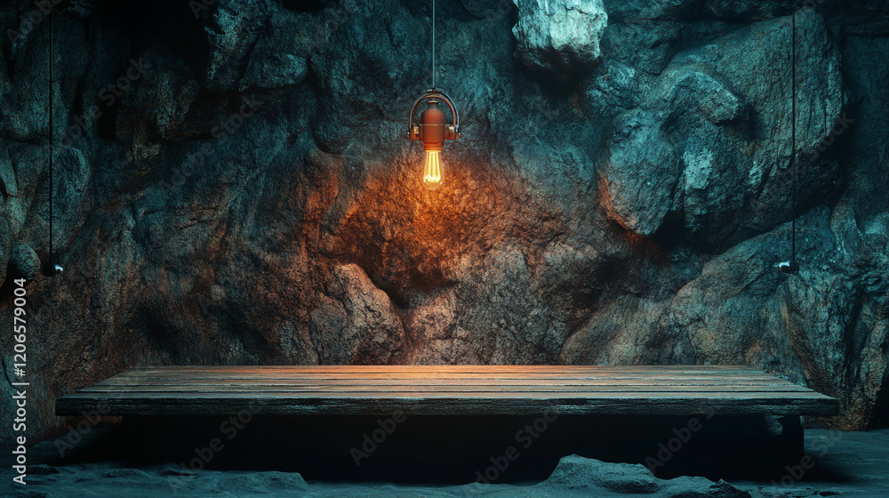 Poster rustic wooden table illuminated by a hanging lantern in a cave setting