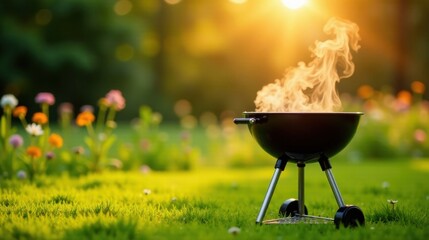 Evening barbecue grill on lush green lawn with blooming flowers and warm sunset