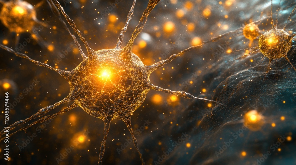 Poster luminous neural network microscopic view: glowing synapses and complex connections in high resolutio