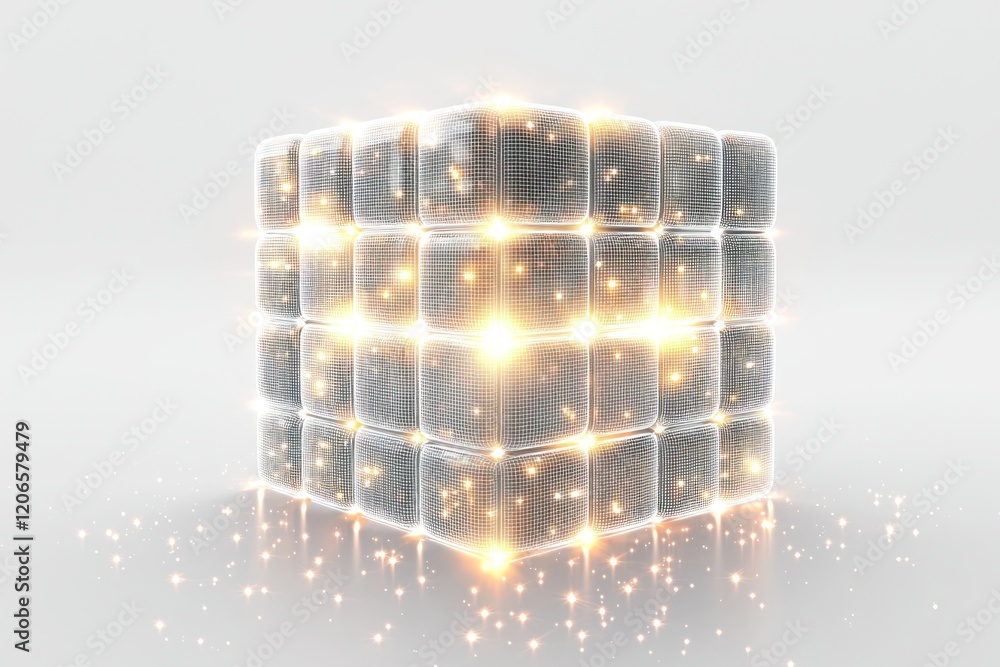 Poster luminous multifaceted cube: a 3d digital art render of interconnected systems