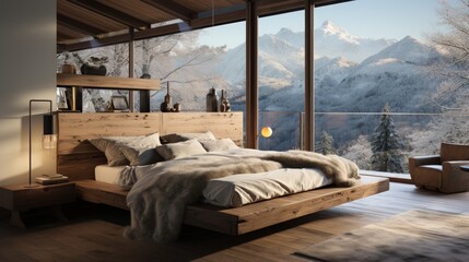 Modern wooden bedroom interior with mountain view.