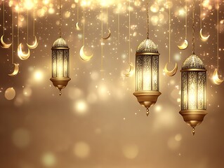 Obraz premium Golden Ramadan Lanterns and Moons Hanging Decoratively