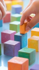 Hands Collaborating to Build Colorful Ideas with Blocks on Glossy Table