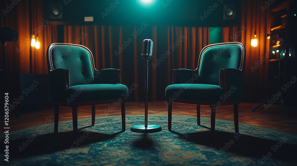 Poster studio setup with microphone and chairs for an interview or podcast recording session