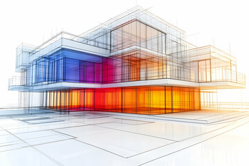 Architectural rendering of a modern house design, showcasing vibrant color-coded sections in a wireframe style. Ideal for presentations and design portfolios.