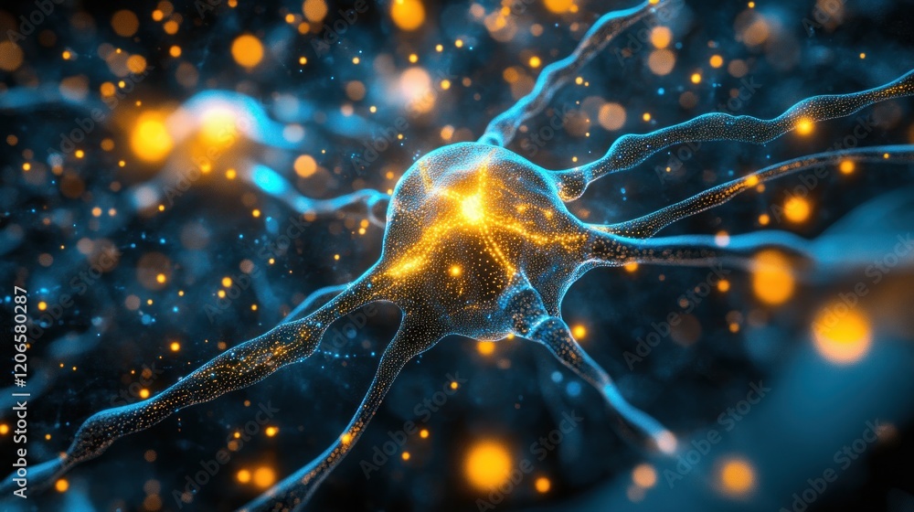 Poster luminous neural network: microscopic visualization of a neuron's complex structure