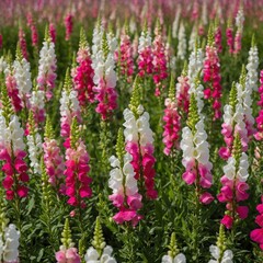 Obraz premium A field of pink and white snapdragons in full bloom.